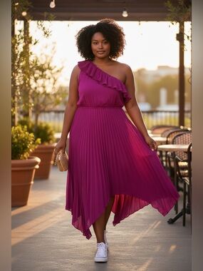 SHEIN One-Shoulder Ruffle Pleated Midi Dress in Fuchsia